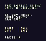 An ending screen: the egress opens onto a landing, and asks what stays broken if you wake
